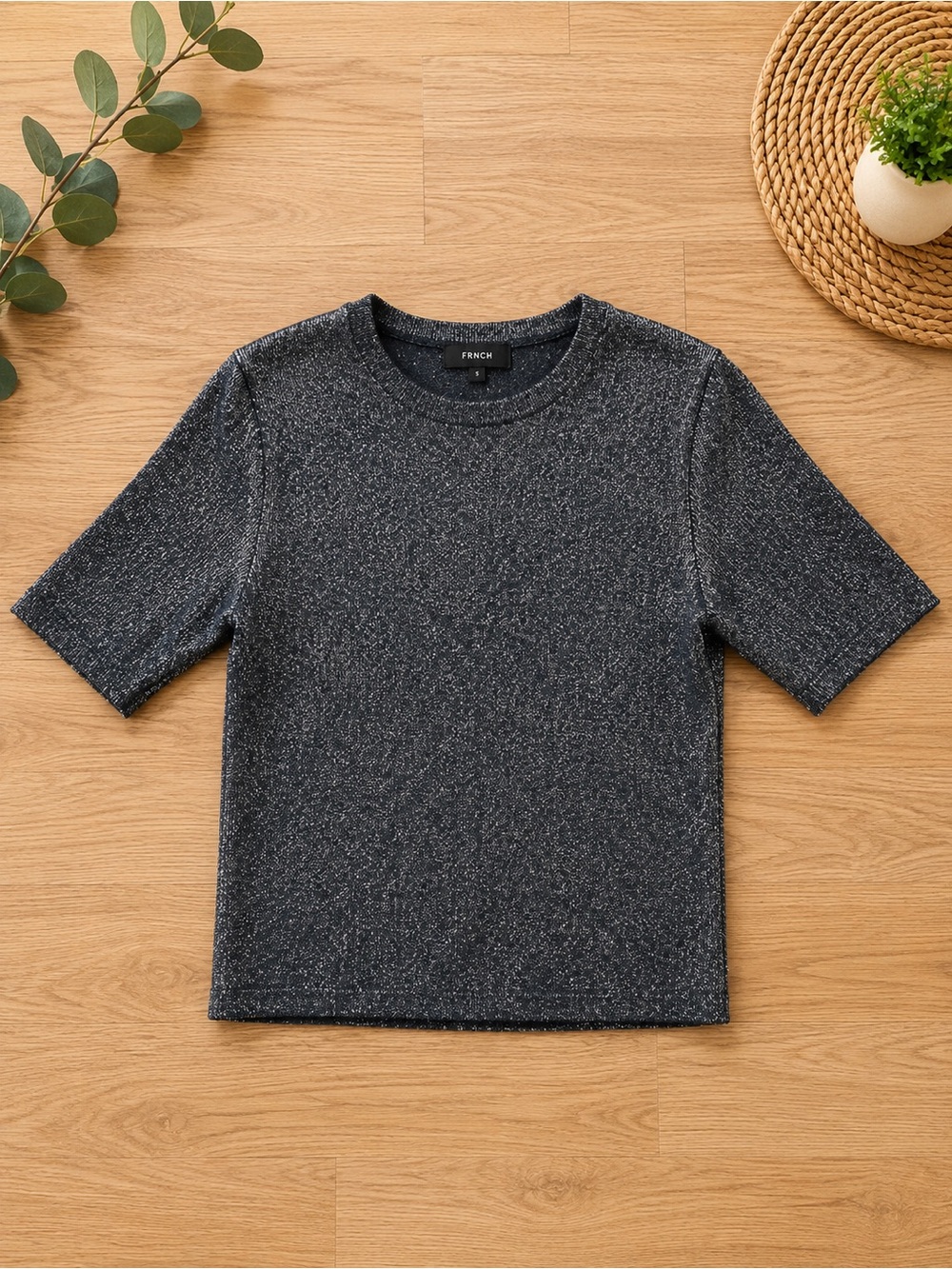 FRNCH Metallic Knit Sweater Top Silver Black Sparkle Short Sleeve Small